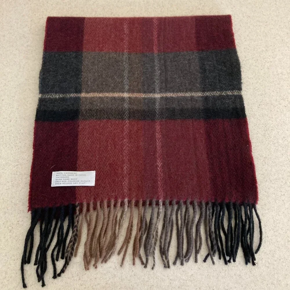 100% Cashmere Long Scarf Black Gray Maroon Plaid EUC
